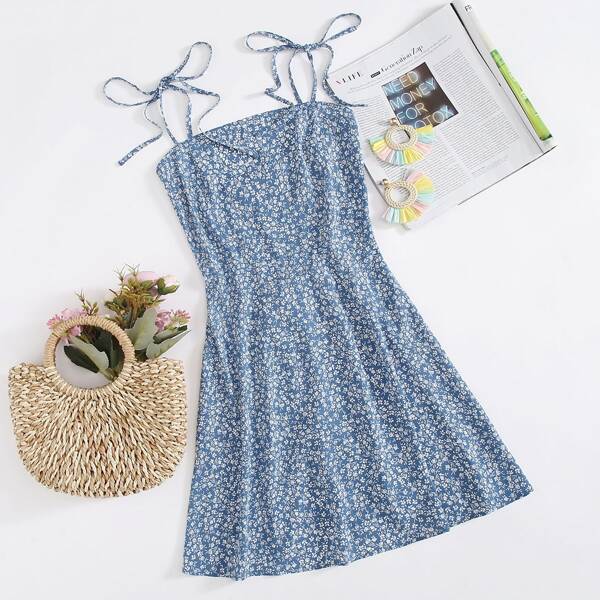 

Tie Shoulder Shirred Back Ditsy Floral Cami Dress, Dusty blue