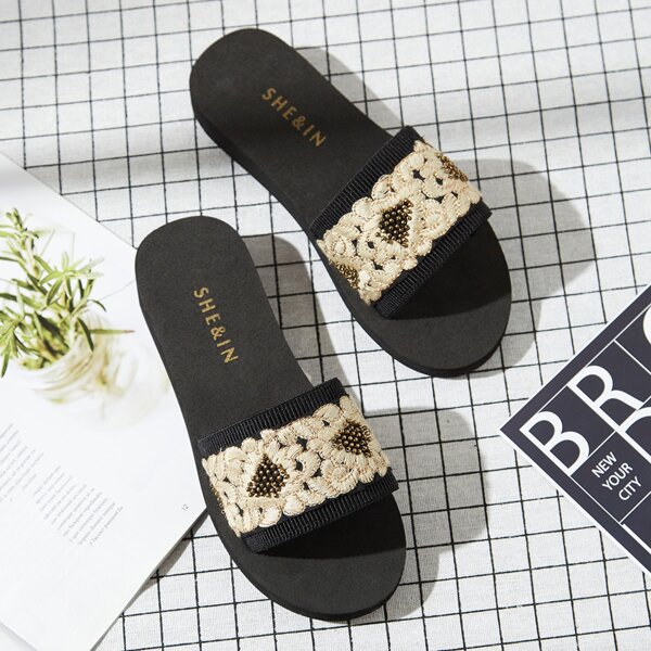 

Embroidered Detail Thick Soled Slides, Beige