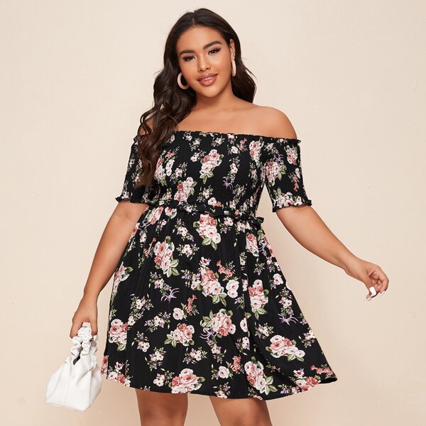 

Plus Off Shoulder Frill Trim Shirred Floral Dress, Black