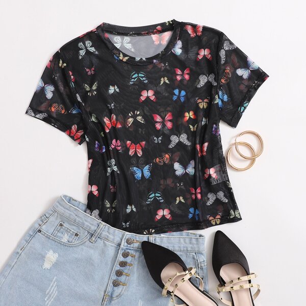 

Butterfly Print Sheer Mesh Top, Multicolor