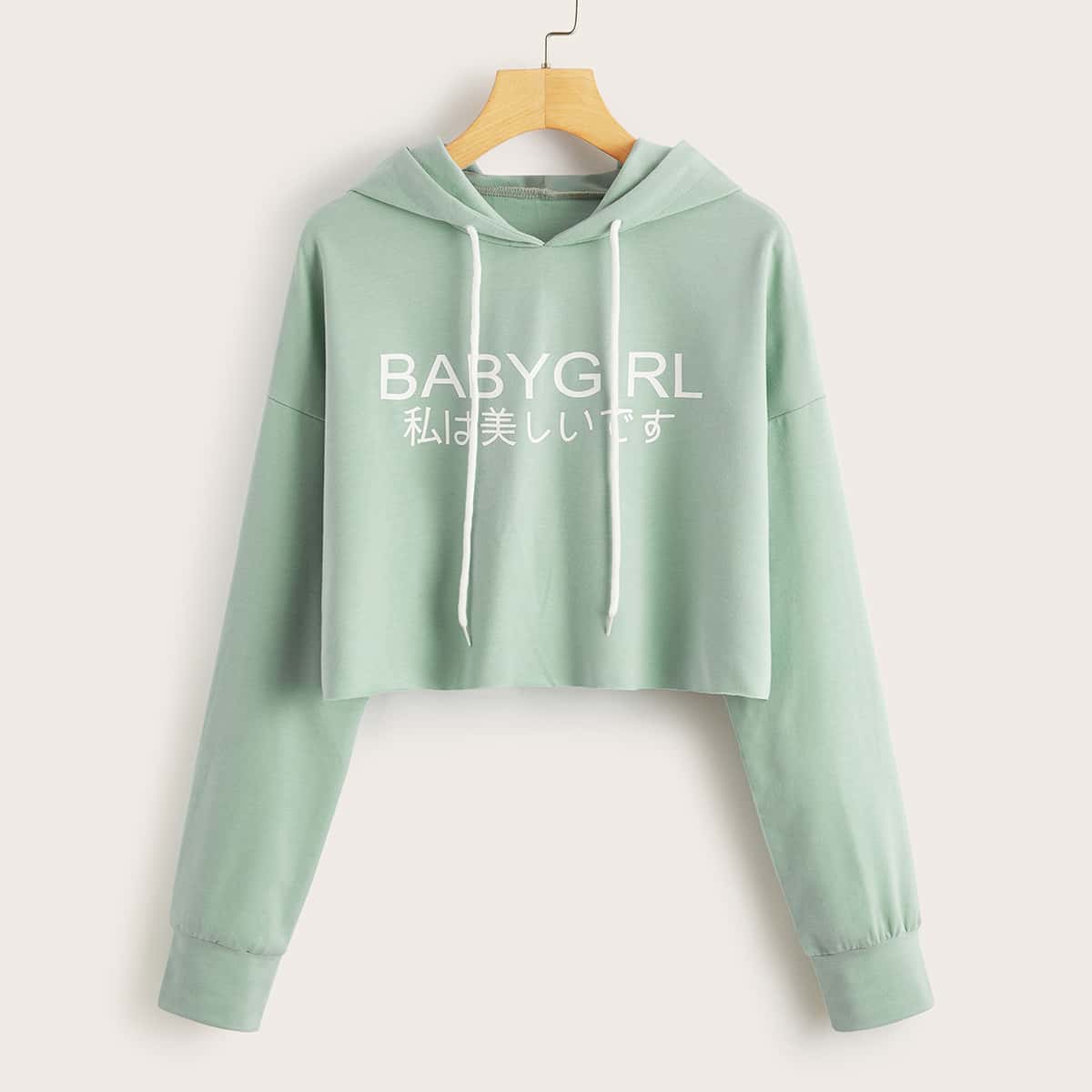 

Letter Graphic Crop Hoodie, Mint green