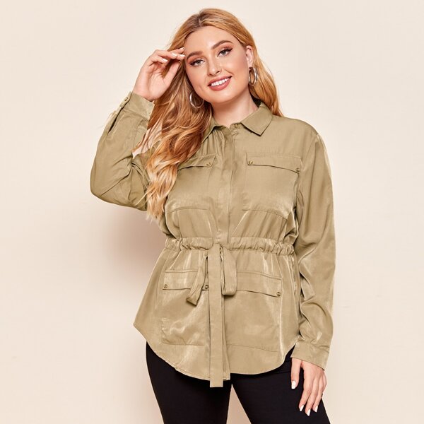 

Plus Flap Pocket Front Drawstring Waist Curved Hem Coat, Khaki