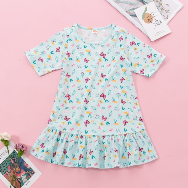 

Toddler Girls Butterfly & Plants Print Night Dress, Baby blue