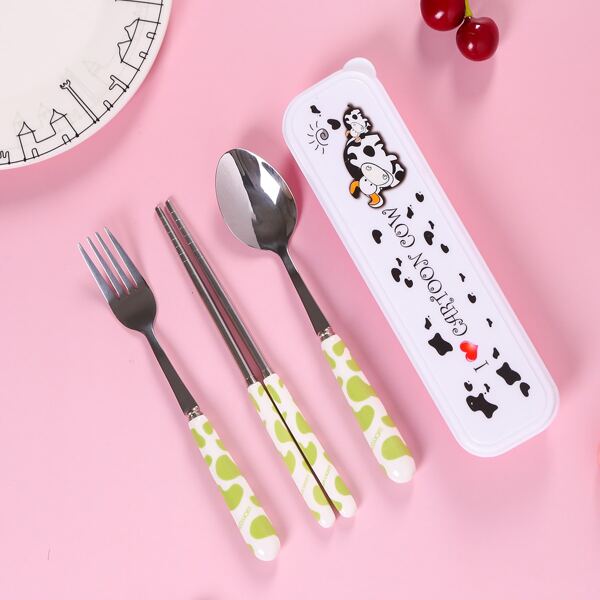 

3pcs Cow Pattern Cutlery Set & 1pc Box, Multicolor