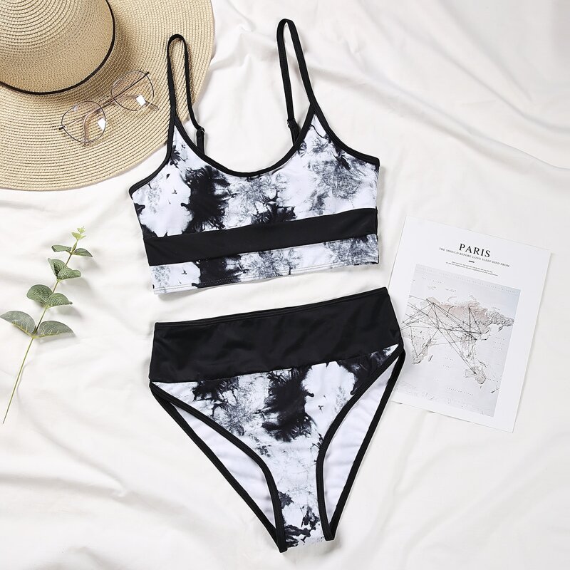 

Tie Dye High Waisted Bikini Swimsuit, Black and white