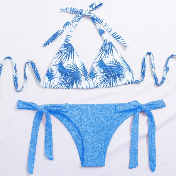 

Leaf Print Halter Tie Side Bikini Swimsuit, Blue and white