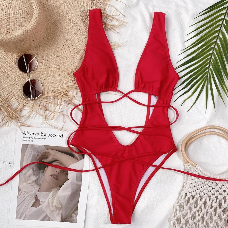 

Cut-out Front Plunging One Piece Swimsuit, Red