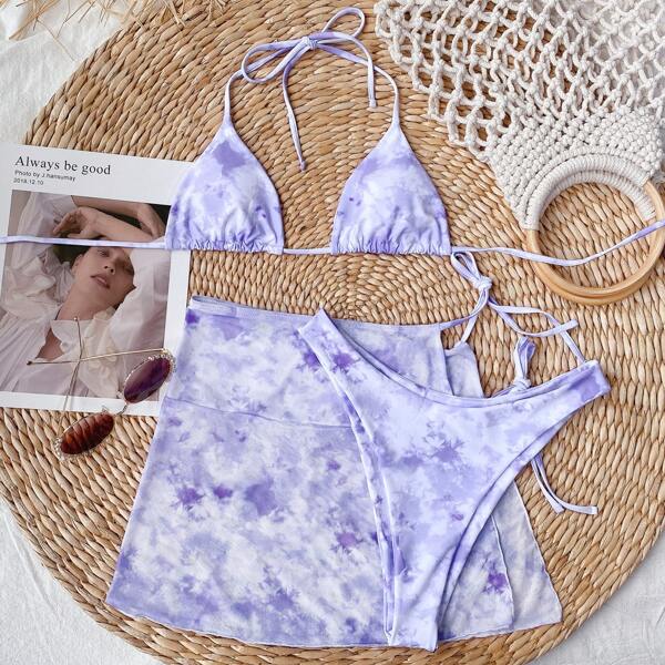 

3pack Tie Dye Triangle Bikini Swimsuit & Beach Skirt, Lilac purple