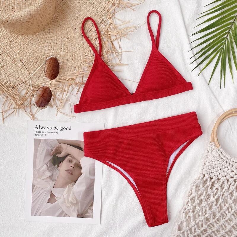 

Rib Triangle High Waisted Bikini Swimsuit, Red