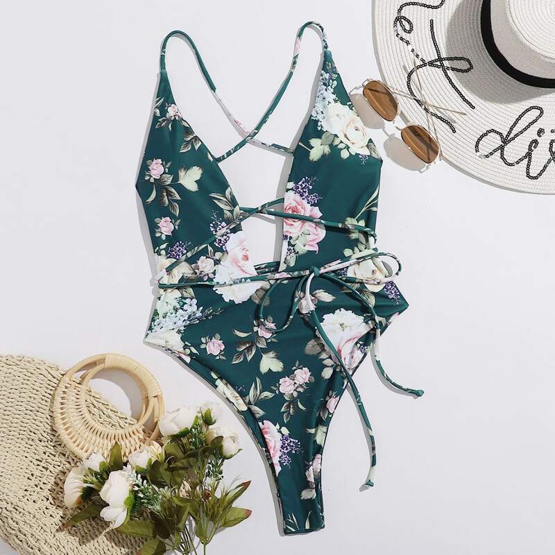 

Floral Tie Front Plunging One Piece Swimsuit, Dark green