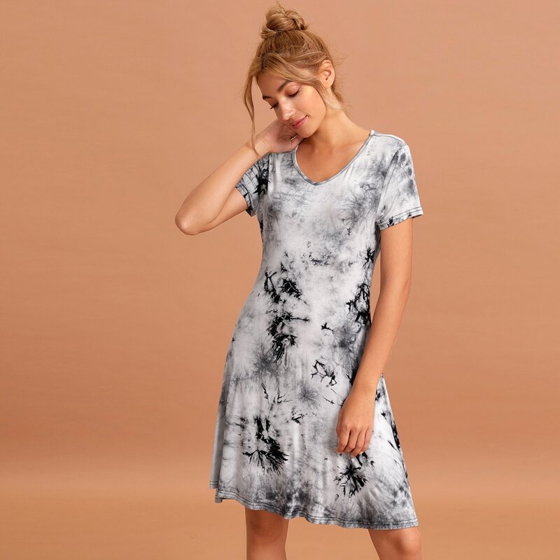 

Tie Dye Short Sleeve Night Dress, Black and white