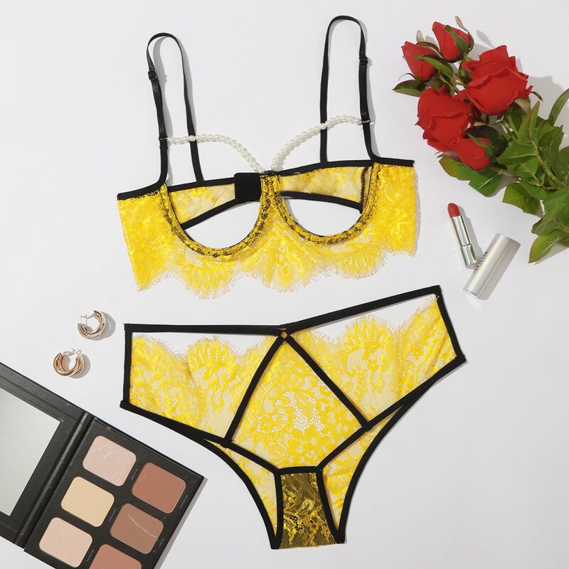 

Eyelash Lace Underwire Cut-out Lingerie Set, Yellow bright