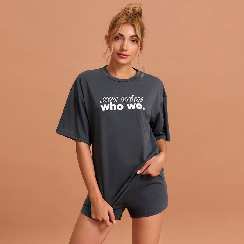 

Letter Graphic Tee With Shorts Lounge Set, Dark grey