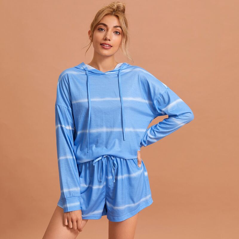 

Striped Drawstring Hoodie With Shorts Lounge Set, Baby blue