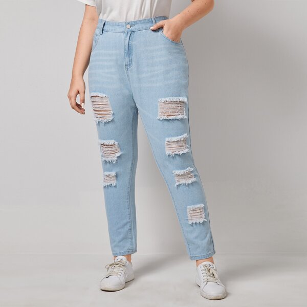

Plus Ripped Slant Pocket Mom Jeans, Light wash