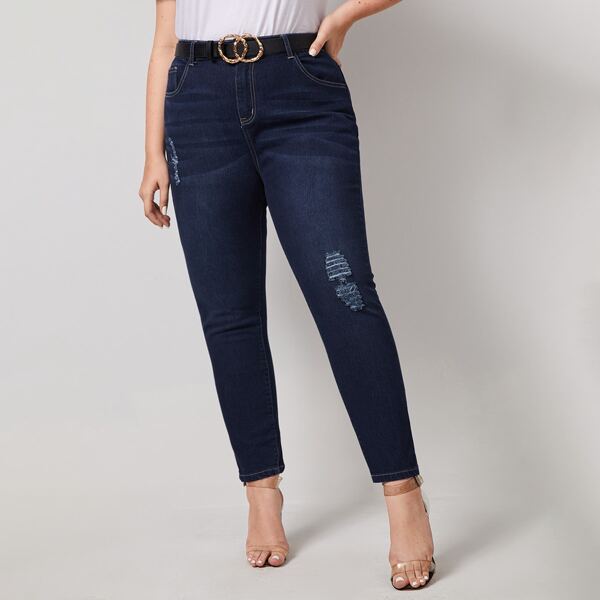 

Plus Ripped Slant Pocket Jeans Without Belt, Dark wash