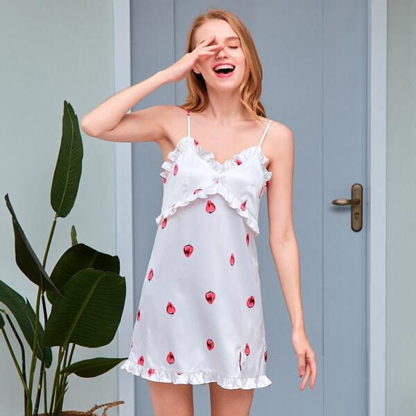

Ruffle Trim Strawberry Print Slit Hem Cami Sleep Dress, White