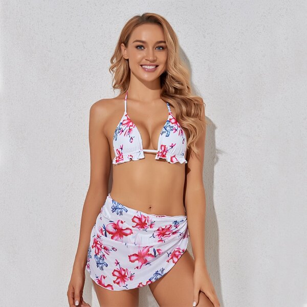 

3pack Floral Tie Side Bikini Swimsuit & Beach Skirt, Multicolor