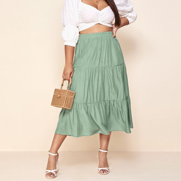 

Plus Elastic Waist Ruffle Hem Flared Skirt, Mint green