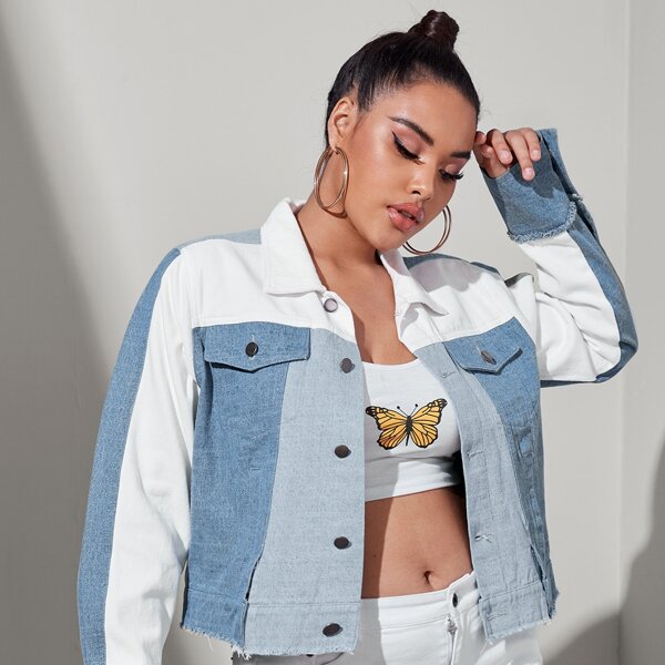 

Plus Cut And Sew Raw Hem Denim Jacket, Medium wash