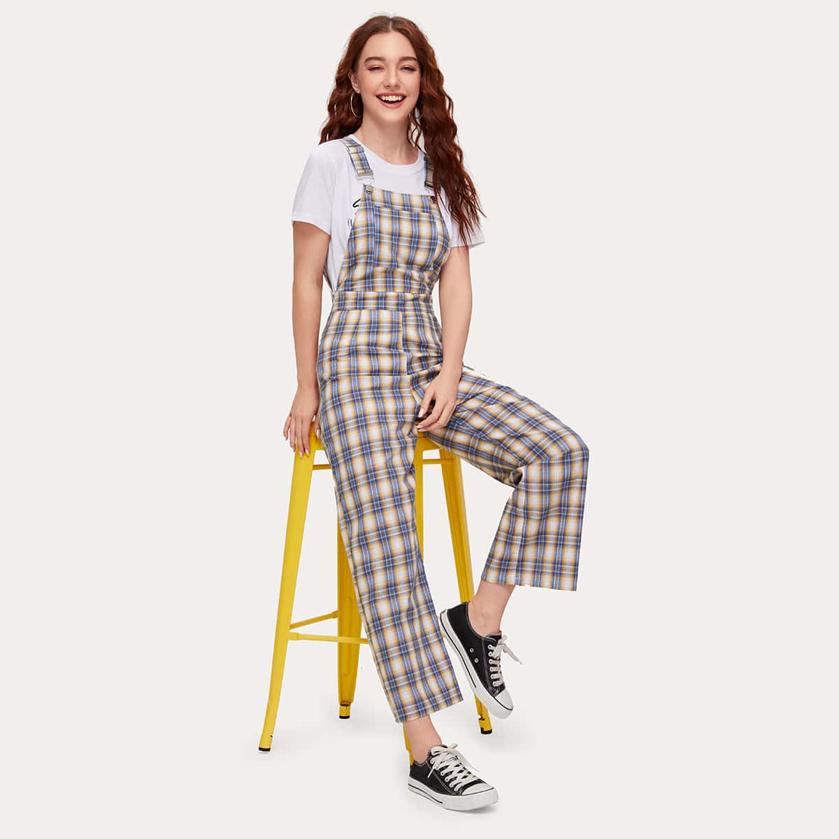 

Plaid Pocket Front Overall, Multicolor