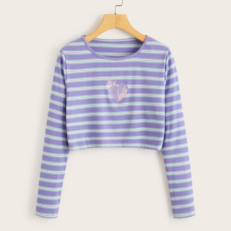 

Fire Heart Embroidery Striped Tee, Multicolor
