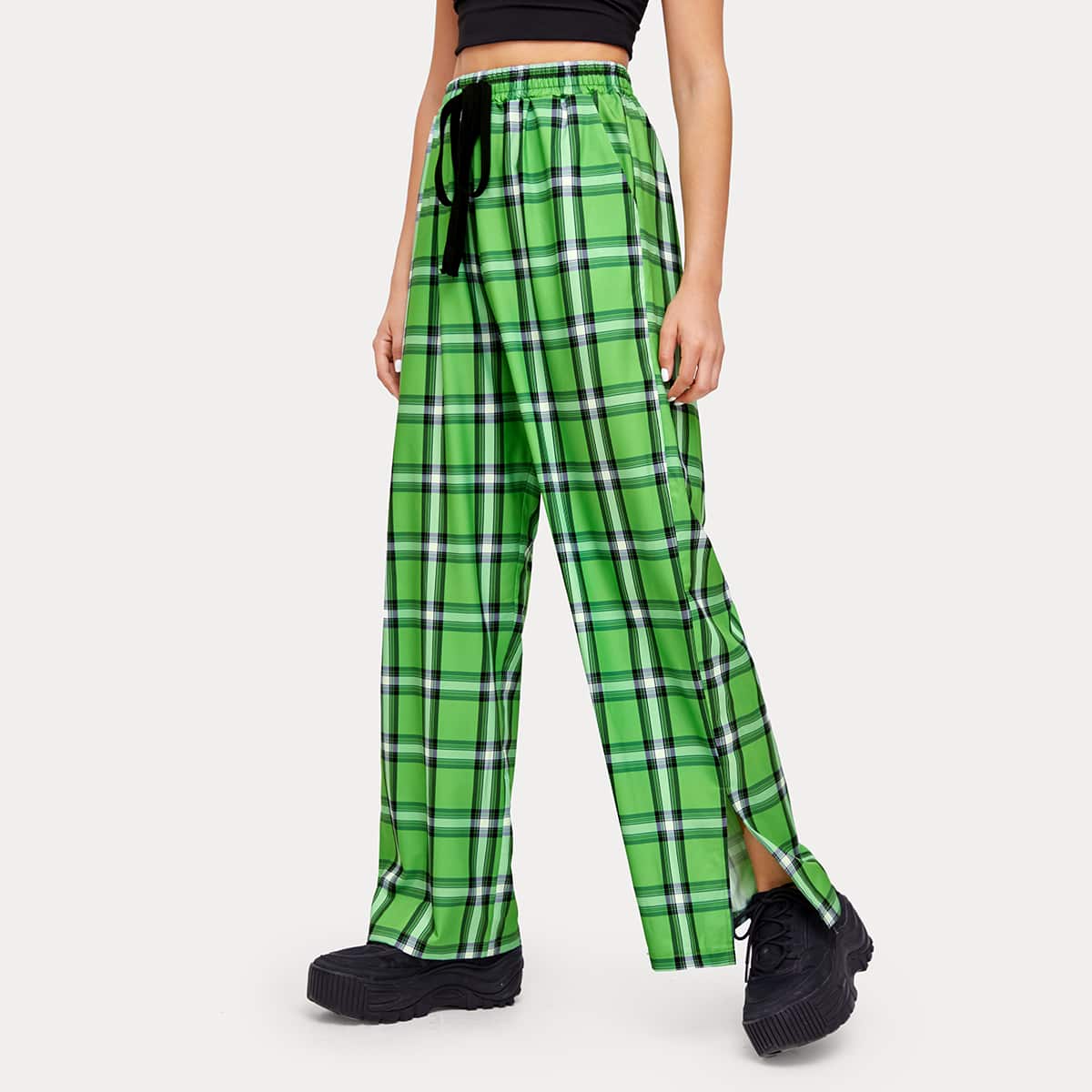 

Plaid Split Hem Wide Leg Pants, Green