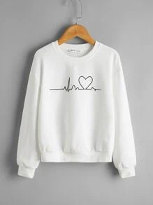 SHEIN Tween Girl Heart Print Drop Shoulder Pullover - White - View 1