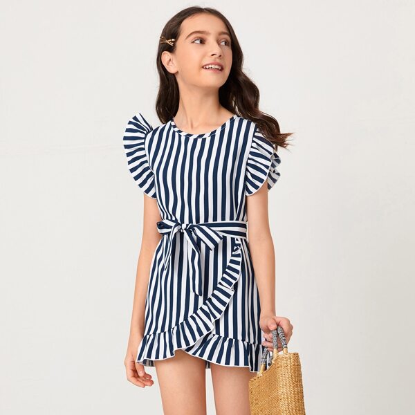 

Girls Ruffle Armhole Wrap Hem Belted Striped Dress, Blue and white