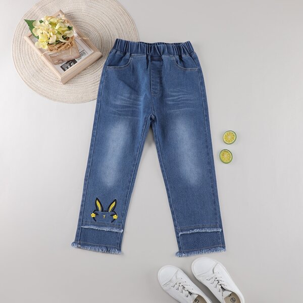 

Toddler Girls Raw Hem Cartoon Embroidery Jeans, Medium wash