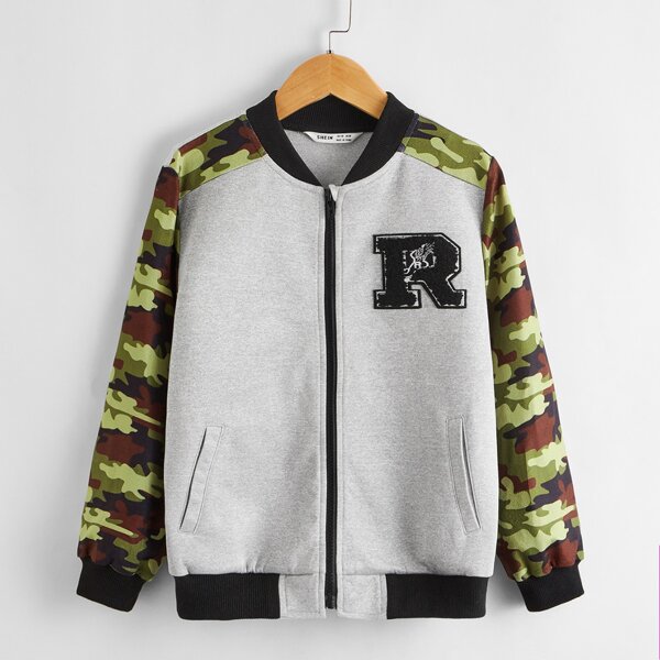 

Boys Letter Patched Camo Sleeve Bomber Jacket, Light grey