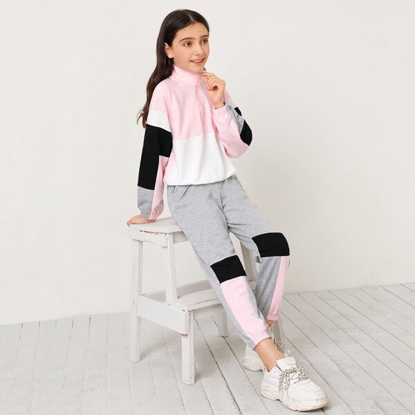 

Girls Raglan Sleeve Zip Half Placket Sweatshirt and Joggers Set, Multicolor