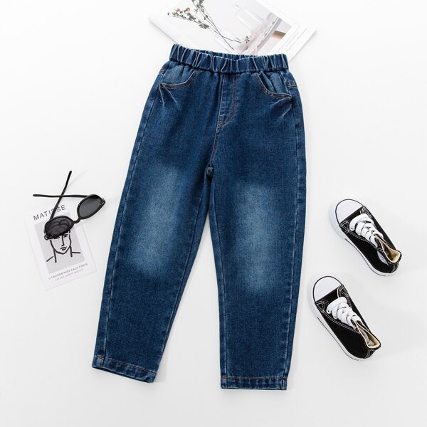 

Toddler Boys Slant Pocket High Waist Jeans, Dark wash
