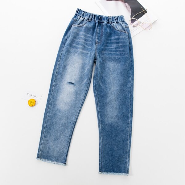 

Girls Ripped Raw Hem High Waist Jeans, Medium wash