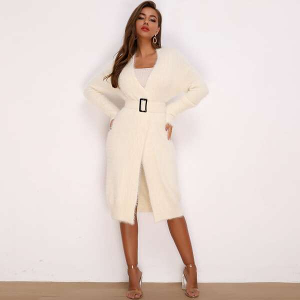 

Drop Shoulder Belted Fuzzy Knit Cardigan, Beige