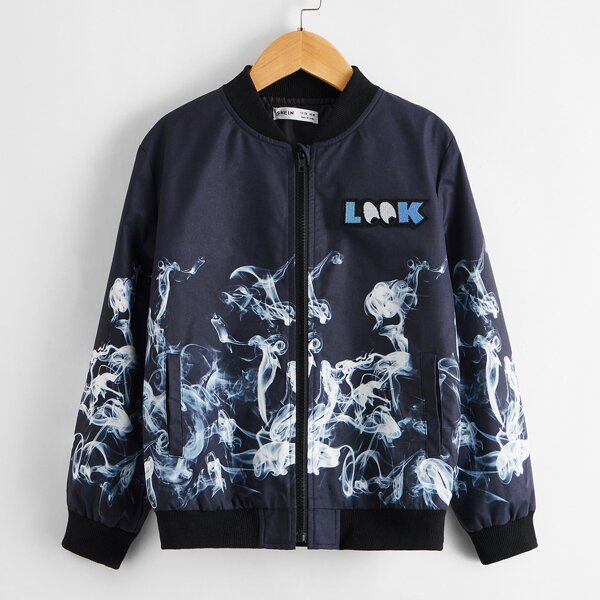 

Boys Letter Patched Graphic Print Bomber Jacket, Navy blue