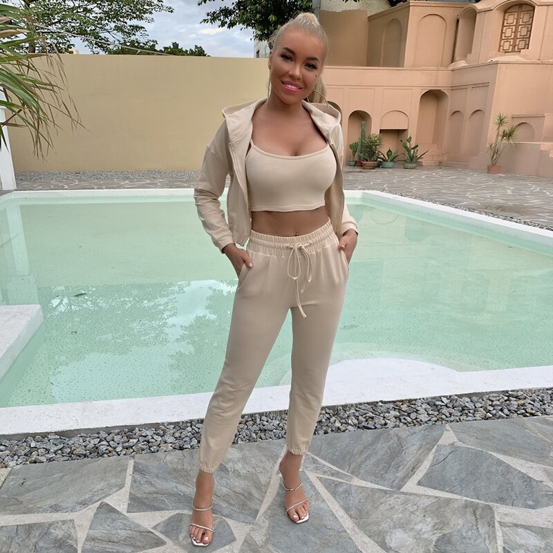 

Zip Up Hoodie With Camisole & Pants Set, Beige