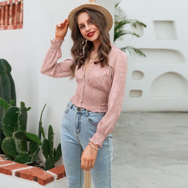 

Button Front Shirred Jacquard Blouse, Pastel dusty pink