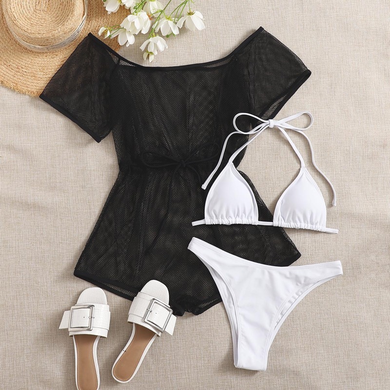 

3pack Triangle Bikini Swimsuit With Fishnet Romper, Black and white