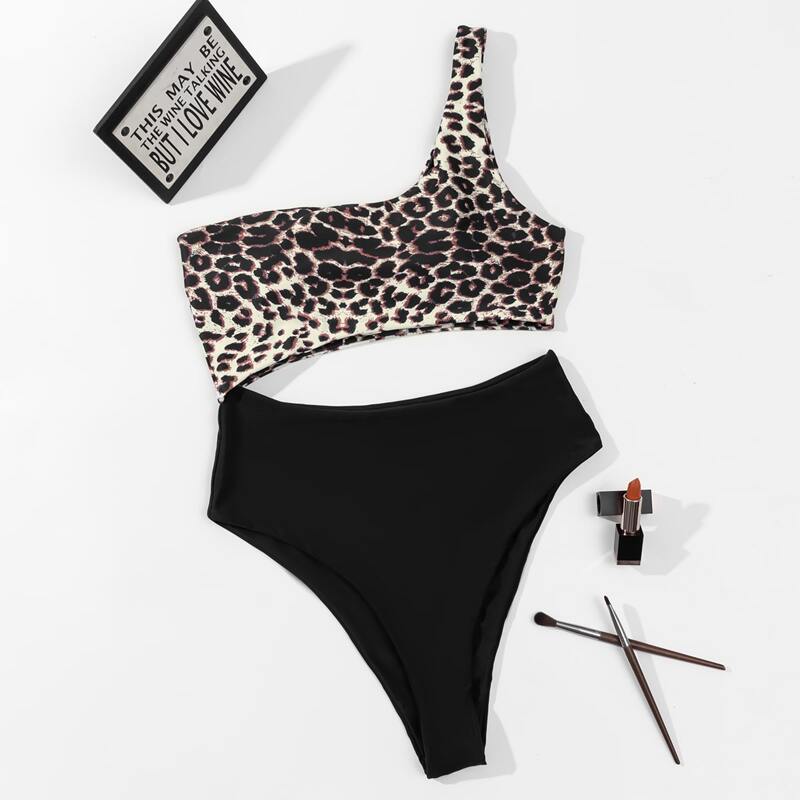 

Leopard Cut-out One Shoulder One Piece Swimsuit, Multicolor