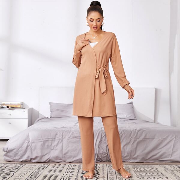 

Solid Tie Front Robe & Pants Pajama Set, Apricot