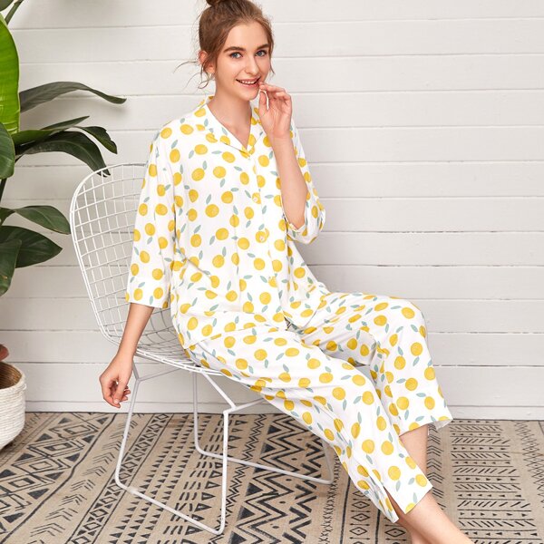 

Allover Fruit Print Split Hem Pajama Set, Multicolor