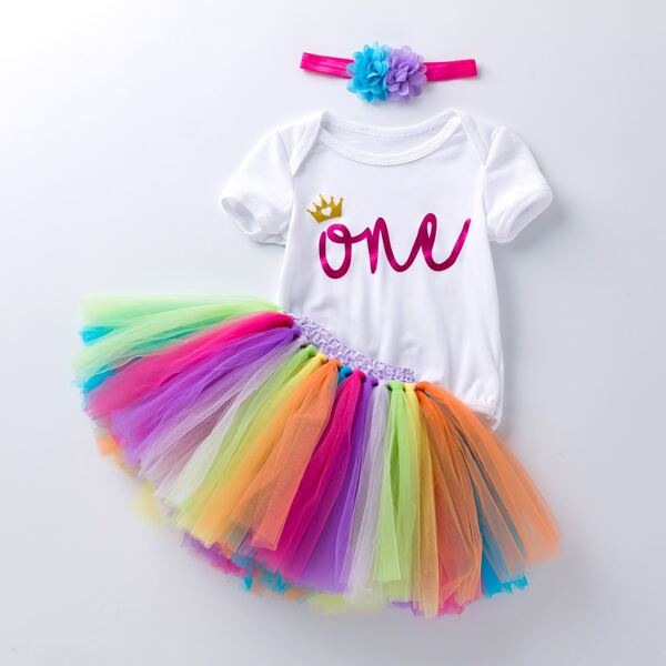 

Baby Girl Letter Graphic Bodysuit & Tutu Skirt & Headband, Multicolor