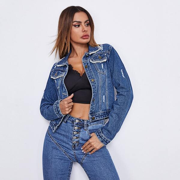 

Ripped Button Through Denim Jacket, Medium wash