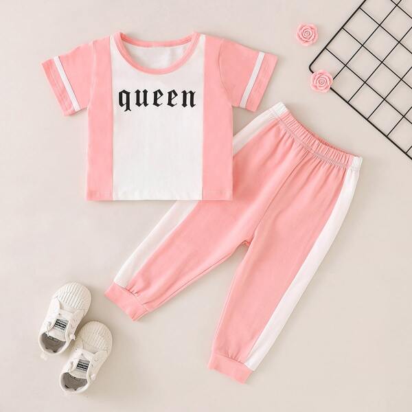 

Baby Girl Contrast Panel Letter Graphic Tee & Sweatpants, Multicolor