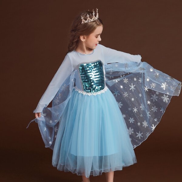 

Girls Contrast Sequin Snowflake Princess Dress, Baby blue