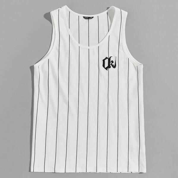 

Men Letter Embroidered Striped Tank Top, White
