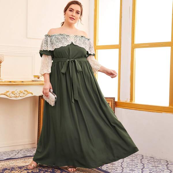 

Plus Off Shoulder Contrast Lace Trim Belted Dress, Army green
