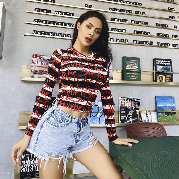 

MeysiKim Letter & Striped Print Crop Tee, Black and white