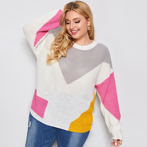 

Plus Color Block Drop Shoulder Sweater, Multicolor